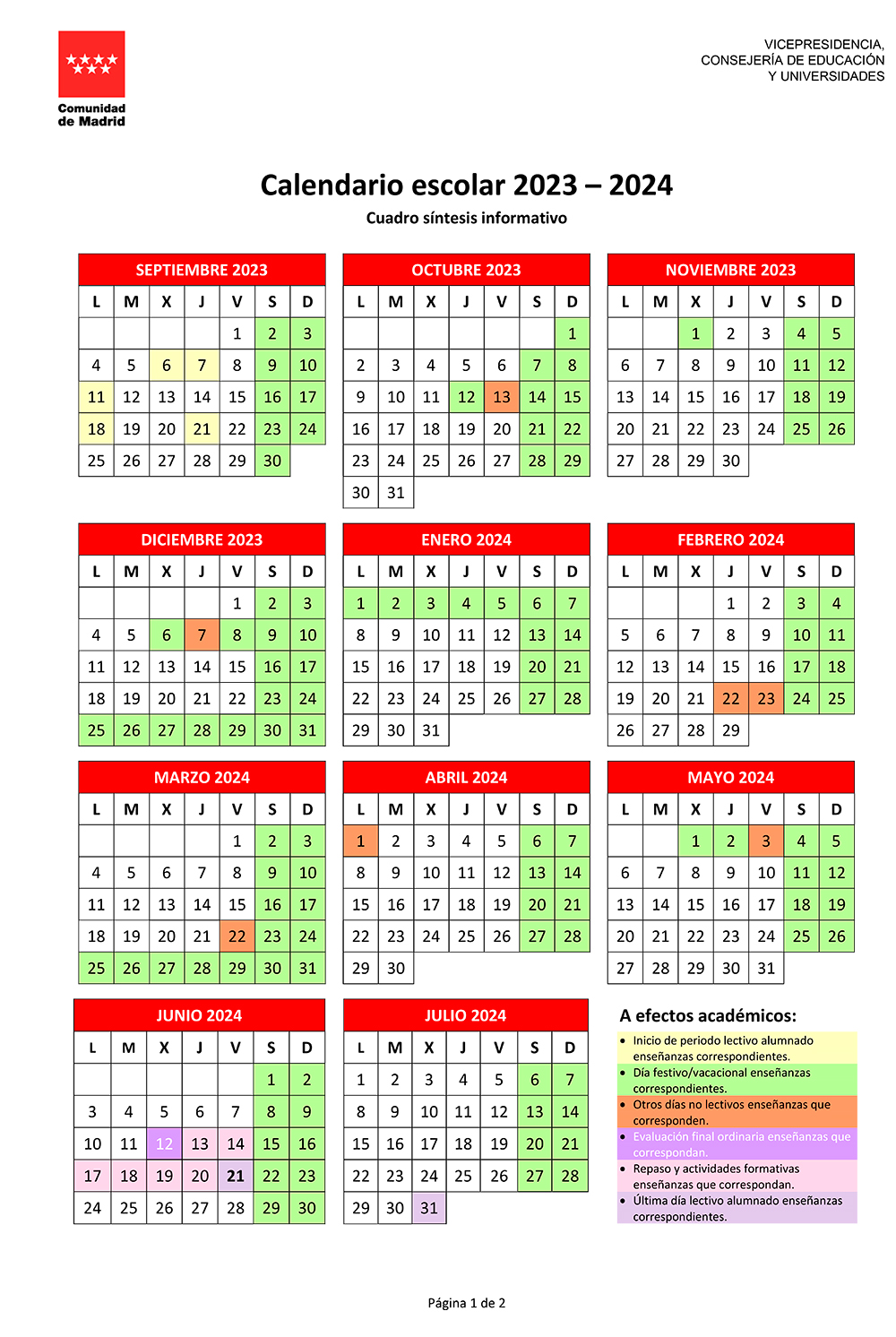 Calendario Escolar 23-24 Comunidad de Madrid