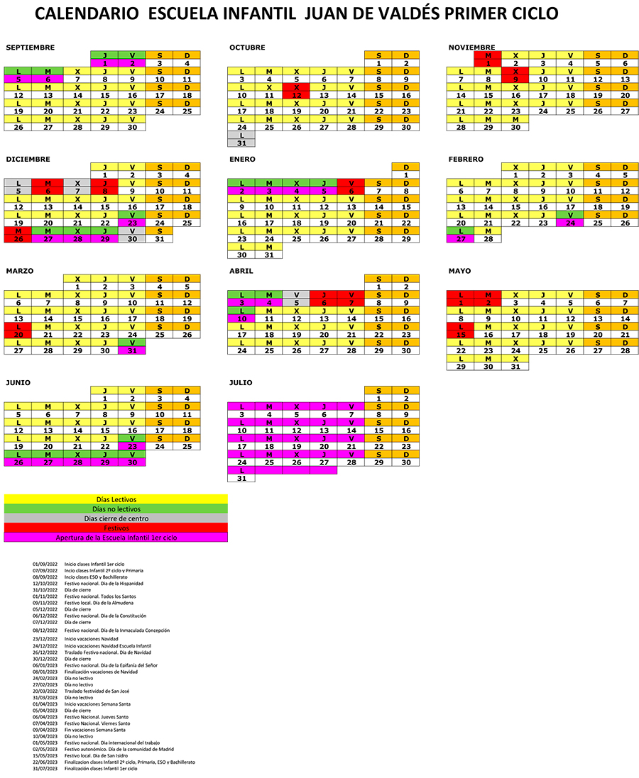 Calendario Escolar 2022-2023 Escuela Infantil 0-3 años