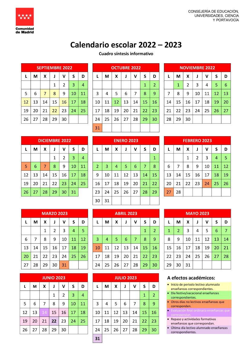 Calendario Escolar Infantil 3-6 años, Primaria y Secundaria colegio Juan de Valdés