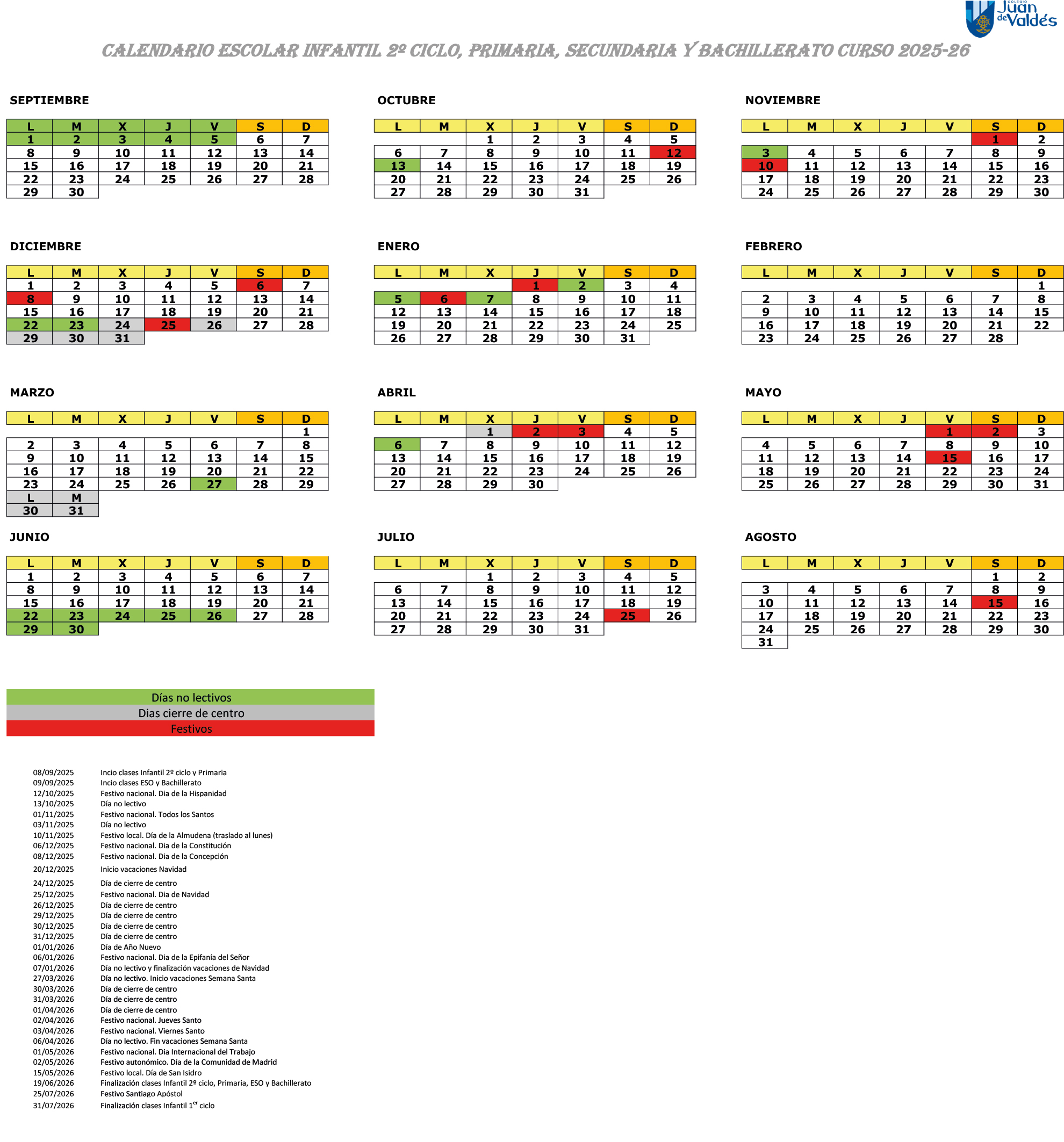 Calendario escolar 2025-2026 de etapas  concertadas y Bachillerato
