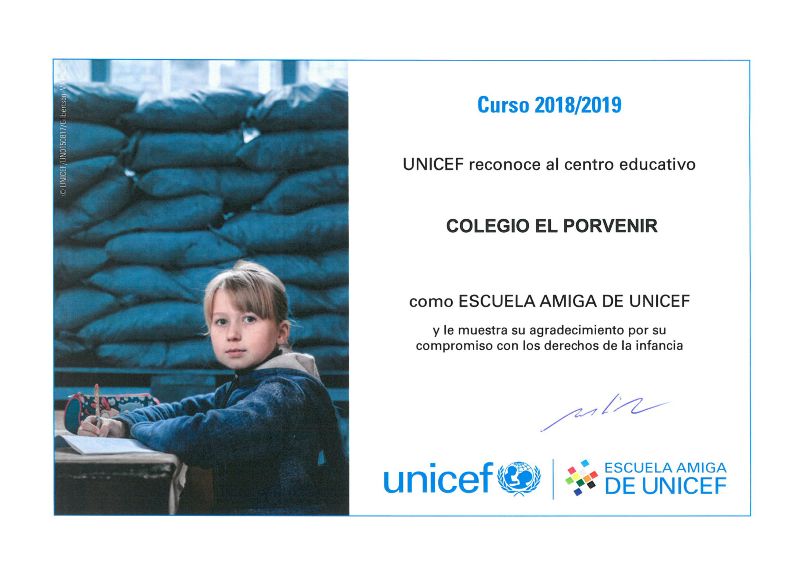 Diploma El Porvenir Escuela Amiga de UNICEF 2018-2019