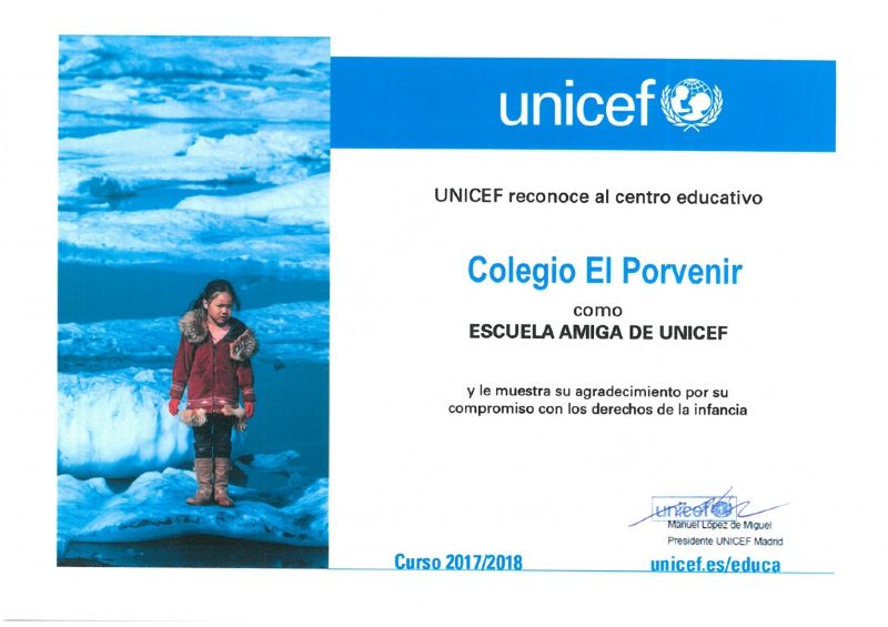Diploma de reconocimiento a El Porvenir como ESCUELA AMIGA DE UNICEF por su apoyo a la infancia