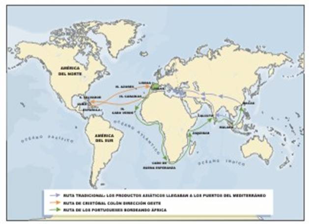 "Mapa de las nuevas rutas martimas descubiertas en la Edad Moderna"